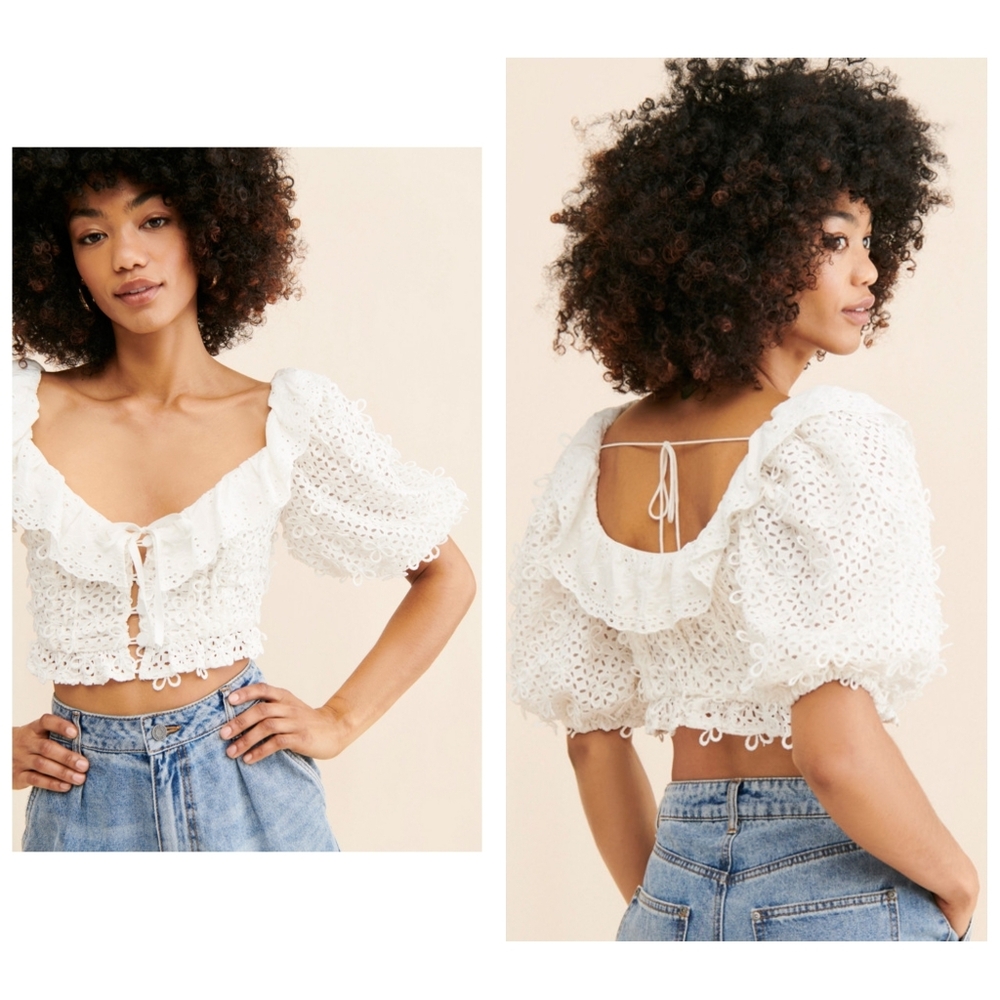 For Love And Lemons Cassis Eyelet 3D Lace Crop Top In White Size Medium - Picture 5 of 10